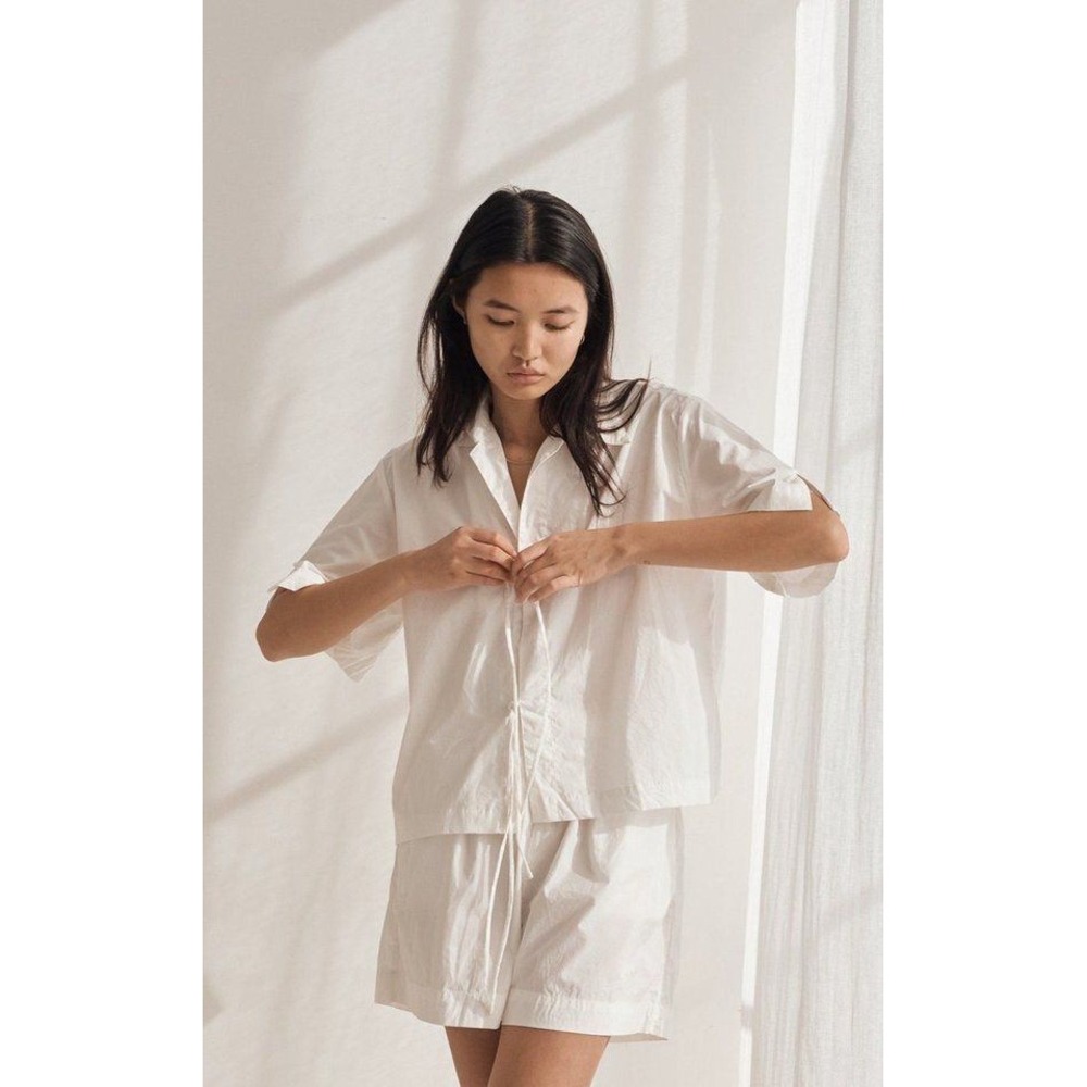 DEIJI STUDIOS White Organic Cotton Double Front Tie Short Sleeve Shirt Medium